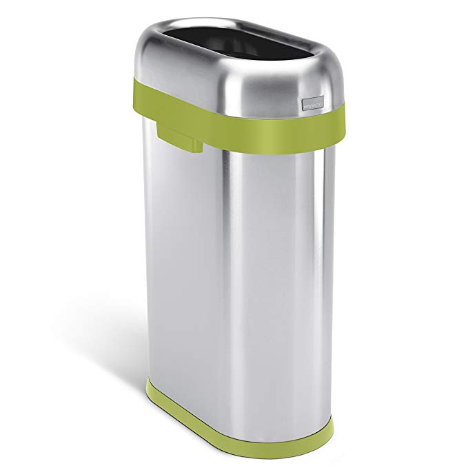 simplehuman Slim Open Commercial Trash Can with Green Trim, Heavy-Gauge Brushed Stainless Steel, 50 L/13 Gal