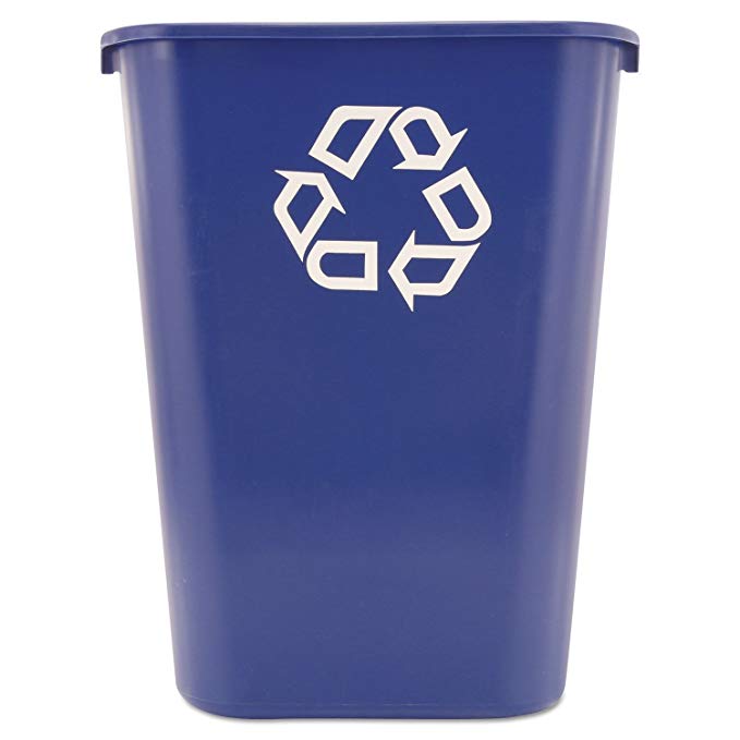 Rubbermaid Commercial 295773BE Large Deskside Recycle Container w/Symbol, Rectangular, Plastic, 41.25qt, Blue