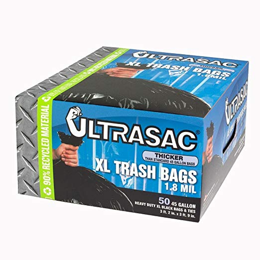 (50 Count) Of 45 Gal. Heavy Duty Extra Large Trash Bags By ULTRASAC, Thicker Than Standard 45 Gallon Bag (1.8 MIL Thick)