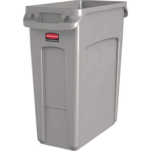 Rubbermaid Commercial Products Slim Jim Trash Can Waste Receptacle with Venting Channels, 16 Gallons, Beige (1971259)