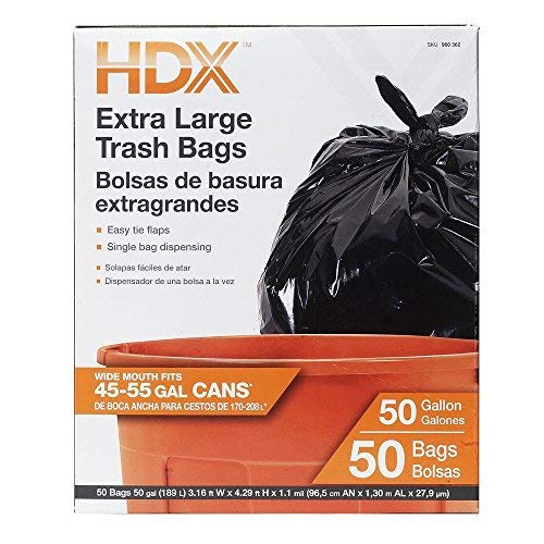 HDX 960362 50 gal Trash Bags, XL, Black (Pack of 50)