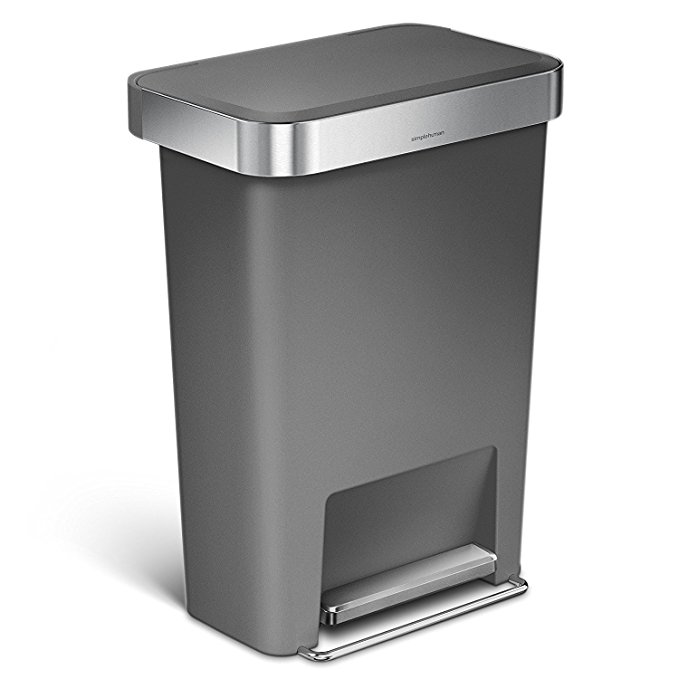 simplehuman 45 Liter/12 Gallon Rectangular Kitchen Step Trash Can with Liner Pocket, Grey Plastic With Stainless Steel Liner Rim And Step Pedal