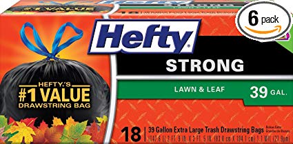 Hefty Strong Large Trash Bags 39 Gallon - Lawn - Yard - Drawstring - 18 Count - Pack of 6