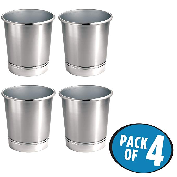 mDesign Round Metal Small Trash Can Wastebasket, Garbage Container Bin for Bathrooms, Kitchens, Home Offices - Pack of 4, Solid Steel Construction, Brushed Nickel Finish and Polished Chrome Base